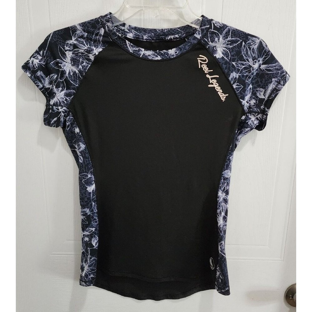 Reel Legends Women's‎ Keep-It-Cool Short Sleeve Top Black Floral Sleeve Size XS